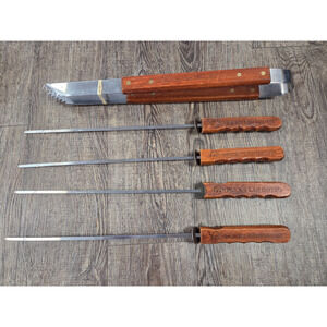 DUCKS UNLIMITED Genuine Wood Handle BBQ Grill Tools Tongs Skewers Set of 5
